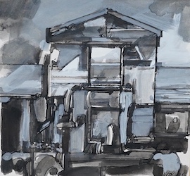 Ned Hoskins (b.1939), ink wash drawing, Beach Hut called Sandy, 16.5 x 17.5cm. Condition - good